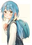  1girl arm_up backpack bag black_ribbon blue_bag blue_hair blue_sweater_vest blush border brown_eyes commentary_request dot_nose far_tarooo hair_behind_ear highres io_(far_tattoo) long_hair long_sleeves looking_to_the_side low_ponytail multicolored_hair neck_ribbon original parted_lips ponytail randoseru ribbon shirt sideways_glance solo sweater_vest upper_body white_border white_hair white_shirt 