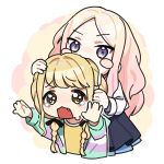  2girls biting biting_head black_skirt blonde_hair blush_stickers bow braid chibi drooling fang fujita_kotone furrowed_brow gakuen_idolmaster green_jacket hair_bow hands_on_another&#039;s_head highres idolmaster jacket juo_sena long_hair multiple_girls oekakikujira open_mouth outstretched_arms purple_eyes shirt skirt tearing_up twin_braids upper_body white_shirt yellow_eyes yellow_shirt 