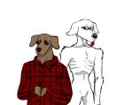 anthro bodily_fluids canid canine canis clothing death_stare dexter_el_perro domestic_dog duo gray_ghost_(dog_nightmare) male mammal nat_is_here pyro4707 skinny sweat tongue tongue_out topwear
