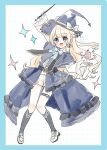  1girl :d arm_up black_hat black_robe black_socks blue_border blue_eyes blush border bow braid brown_shoes commentary_request cupcake food full_body grid_background hat hat_bow highres holding holding_wand loafers long_sleeves looking_at_viewer original rino_cnc robe shirt shoes short_shorts shorts smile socks solo sparkle twitter_username wand white_background white_bow white_shirt white_shorts wide_sleeves witch_hat 