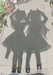  2girls alice_margatroid arms_up black_shoes black_skirt blue_dress book boots broom brown_boots day dress frilled_skirt frills hat highres kirisame_marisa long_hair mary_janes multiple_girls outdoors puffy_short_sleeves puffy_sleeves shadow shadow_puppet shanghai_doll shijiu_(shizuoxing) shoes short_hair short_sleeves skirt socks touhou unworn_hat unworn_headwear white_socks witch_hat 