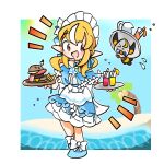  1girl artist_request beach burger cup day deformed drinking_glass elfriend_(shiranui_flare) flying_sweatdrops food highres hololive holonatsu_paradise oekaki palm_tree red_eyes serving shiranui_flare shiranui_flare_(holonatsu_paradise) simple_background solo sun sweatdrop tree 