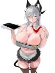  1girl absurdres alternate_costume apron between_breasts black_horns black_tail black_thighhighs blush breasts cake cleavage condom condom_between_breast condom_wrapper curled_horns demon_tail earrings enmaided food grdrawww hair_between_eyes highres holding holding_menu holding_plate horns huge_breasts jewelry key_earrings looking_at_viewer maid menu midriff mole multicolored_hair navel necktie plate red_eyes red_necktie solo standing stomach streaked_hair tail thighhighs wuthering_waves zani_(wuthering_waves) 