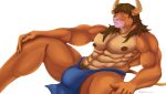  absurd_res anthro bottomwear bovid clothing genitals hi_res loincloth male mammal muscular muscular_anthro muscular_male nipples simple_background solo white_background wingdavon 