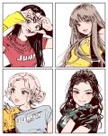  4girls black_gloves black_hair black_shirt blackpink blonde_hair blue_shirt blunt_bangs blush brown_hair double_bun gloves hair_bun hashtag-only_commentary heart heart_hands highres jennie_(blackpink) jewelry jisoo_(blackpink) k-pop lisa_(blackpink) long_hair looking_at_viewer looking_to_the_side mole multiple_girls necklace pink_lips polo_tokki real_life red_shirt rose_(blackpink) shirt simple_background t-shirt white_background yellow_shirt 