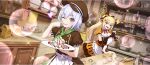  2girls ^^^ apron ascot bag baking blonde_hair blue_eyes bow breasts brown_bag brown_bow brown_dress brown_gloves brown_hat buttons cabinet cake chocolate_icing chris_(konosuba) cleavage cleavage_cutout clothing_cutout cookie_cutter cooking_pot cutting_board darkness_(konosuba) dot_nose double-breasted double-parted_bangs dress dutch_angle faucet food food_on_hand frying_pan game_cg gloves green_ascot hair_bow hat heart high_ponytail highres holding holding_plate icing indoors kitchen kono_subarashii_sekai_ni_shukufuku_wo! konosuba!_fantastic_days ladle large_breasts lens_flare licking_own_finger long_hair looking_at_viewer multiple_girls newsboy_cap official_art one_eye_closed open_mouth orange_dress plate ponytail puffy_short_sleeves puffy_sleeves purple_eyes purple_hair rolling_pin scar scar_on_cheek scar_on_face short_hair short_sleeves sink small_sweatdrop sparkle spatula star_(symbol) strawberry_cake striped_bow surprised table tasting teapot third-party_source tile_wall tiles tongue tongue_out towel whipped_cream white_apron wooden_table 