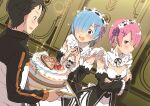  1boy 2girls :d apron bangs black_bow black_hair black_ribbon black_sleeves blue_eyes blue_hair blunt_bangs blush bow breasts cake closed_mouth crossed_arms detached_collar detached_sleeves dutch_angle flower food hair_flower hair_ornament hair_over_one_eye head_wreath highres holding hotaru_iori indoors jacket long_sleeves looking_at_viewer multiple_girls natsuki_subaru neck_ribbon open_mouth pink_hair pink_ribbon purple_ribbon ram_(re:zero) re:zero_kara_hajimeru_isekai_seikatsu red_eyes rem_(re:zero) ribbon roswaal_mansion_maid_uniform shiny shiny_hair short_hair small_breasts smile track_jacket waist_apron white_apron white_bow white_flower 