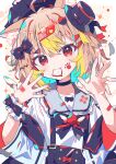  1girl animal_ear_fluff animal_ears aramedraw bandaid bandaid_hair_ornament black_bow black_bowtie black_choker black_hat blush border bow bowtie brown_hair cat_ears cat_girl cat_hair_ornament choker closed_mouth collared_shirt commentary_request contrast_collar food_in_mouth hair_bow hair_ornament hands_up hat highres long_sleeves looking_at_viewer nail_polish original outside_border red_eyes red_nails shirt short_hair single_wrist_cuff smile solo upper_body white_border white_shirt wrist_cuffs yellow_background 