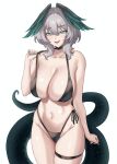  1girl aqua_eyes aqua_nails arknights bikini black_bikini black_choker black_tail black_wings breasts choker cleavage collarbone commentary cowboy_shot fangs fangs_(fangs_art) feathered_wings fingernails grey_hair halterneck head_wings highleg highleg_bikini highres ho&#039;olheyak_(arknights) large_breasts looking_at_viewer medium_hair nail_polish navel open_mouth side-tie_bikini_bottom simple_background skindentation slit_pupils smile solo stomach swimsuit thighs tongue tongue_out white_background wings 