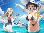  3girls :d absurdres aircraft airplane alternate_costume animal_on_back ass back_cutout bare_shoulders bikini black_bikini black_hair black_wetsuit blonde_hair blue_hair blue_one-piece_swimsuit blue_sky blunt_bangs blush bodysuit bow bracelet breasts cielo_(nikke) cleavage clothing_cutout cloud commentary contrail cowboy_shot day diving_suit fang flag goddess_of_victory:_nikke hair_bow hat highres holding holding_flag holding_water_gun jet_ski jewelry large_breasts life_vest long_hair looking_at_viewer multiple_girls multiple_rings navel necklace ocean octopus one-piece_swimsuit open_clothes open_mouth open_shirt outdoors over_the_horizon_(nikke) parted_hair pointing pouch red_eyes ring sanakk see-through_clothes see-through_shirt shirt sitting sky sky_(nikke) smile sora_(nikke) standing stomach sun_hat swimsuit tearing_up teeth thigh_pouch thigh_strap twintails upper_teeth_only wading water_drop water_gun watercraft wet wet_clothes wet_shirt wetsuit white_bow white_hat white_shirt yellow_eyes 
