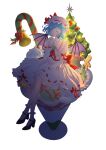  1girl absurdres ascot bat_wings bell blue_hair bow candy candy_cane christmas christmas_tree closed_eyes collared_shirt commentary eating food frilled_shirt_collar frills gingerbread_man hat hat_ribbon high_heels highres mob_cap oversized_food oversized_object red_ascot red_bow red_ribbon remilia_scarlet ribbon ribbon-trimmed_skirt ribbon_trim risabellej shirt short_sleeves sitting skirt sleeve_bow solo touhou white_hat white_shirt white_skirt wings 