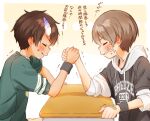  2boys arm_on_table arm_wrestling armband bandaid bandaid_on_hand black_armband black_shirt brown_hair child clenched_teeth closed_eyes closed_mouth commentary_request dai_(far_tarooo) demon_horns desk facial_mark far_tarooo from_side green_shirt grey_hair hair_between_eyes hand_on_table highres hood hood_down hoodie horns layered_sleeves long_sleeves multiple_boys original parted_bangs print_shirt profile rotto_(far_tarooo) school_desk shirt short_hair short_over_long_sleeves short_sleeves sleeves_rolled_up striped_sleeves sweatdrop t-shirt teeth translation_request trembling upper_body white_hoodie 