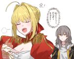  2girls ahoge black_coat blonde_hair blush breasts buttons cleavage cleavage_cutout closed_eyes closed_mouth clothing_cutout coat commentary_request crossover dress epaulettes fate/extra fate_(series) grey_hair hair_bun hair_ribbon half-closed_eyes hand_on_own_chest hand_up honkai:_star_rail honkai_(series) huge_ahoge juliet_sleeves lapels long_hair long_sleeves looking_at_another medium_breasts multiple_girls nero_claudius_(fate) nero_claudius_(fate/extra) open_clothes open_coat open_mouth puffy_sleeves red_dress red_ribbon ribbon shirt short_hair sidelocks simple_background smile stelle_(honkai:_star_rail) t-shirt teeth temtem_onigiri trailblazer_(honkai:_star_rail) translation_request two-tone_dress upper_body v-shaped_eyebrows white_background white_dress white_shirt yellow_eyes 