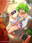  1boy 1girl bathroom black_nails blue_camisole blue_socks blush breasts camisole cellphone collarbone commentary curly_hair day english_commentary green_eyes green_hair hair_intakes hawaiian_shirt highres holding holding_phone laundry_basket looking_at_another medium_breasts medium_hair nail_polish nose_blush one-punch_man open_mouth patreon_username phone plant potted_plant pussy_juice pussy_juice_on_fingers saitama_(one-punch_man) shirt sitting smartphone snegovski socks strap_slip striped_camisole sunlight sweatdrop tatsumaki tile_floor tiles toilet v-shaped_eyebrows 