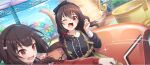  2girls :d amusement_park arch balloon black_bow black_dress black_hairband blue_sky blurry blurry_background blurry_foreground blush bow bow_hairband breasts brown_hair brown_skirt cloud day double-parted_bangs dress dutch_angle game_cg hair_ornament hair_scrunchie hairband hand_up highres kono_subarashii_sekai_ni_shukufuku_wo! konosuba!_fantastic_days large_breasts lens_flare medium_hair megumin motion_lines multiple_girls official_art one_eye_closed open_mouth outdoors red_eyes red_scrunchie scrunchie sidelocks skirt sky smile sparkle spinning_teacup suspender_skirt suspenders teapot tearing_up third-party_source variant_set yunyun_(konosuba) 