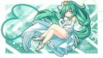  1girl bangs bare_legs bare_shoulders beads breasts character_name cleavage covered_navel covered_nipples dress elbow_gloves eyebrows eyebrows_visible_through_hair flower gem gloves green_hair green_heart hair_between_eyes hair_flower hair_intakes hair_ornament high_ponytail highres jewelry large_breasts long_hair neptune_(series) novus_rue power_symbol purple_eyes rose smile solo symbol-shaped_pupils very_long_hair white_dress white_flower white_gloves white_rose 