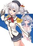  1girl beret bikini blue_eyes breasts commentary_request cowboy_shot epaulettes frilled_bikini frilled_sleeves frills gloves grey_hair grey_skirt hat highres jacket kantai_collection kashima_(kancolle) large_breasts long_hair long_sleeves looking_at_viewer military_jacket military_uniform minosu multiple_views neckerchief pleated_skirt red_neckerchief skirt swimsuit twintails wavy_hair white_bikini white_gloves 
