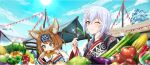  +_+ 2girls :3 :t ahoge ainu_clothes animal_ear_fluff animal_ears asparagus bead_necklace beads bell_pepper black_kimono blue_headband blue_sky blush brown_hair cabbage chewing chili_pepper chris_(konosuba) cloud corn corn_cob day earrings eating eggplant food fork fur-trimmed_kimono fur_trim game_cg green_eyes hand_on_own_cheek hand_on_own_face headband highres holding holding_corn holding_fork hoop_earrings japanese_clothes jewelry kimono kono_subarashii_sekai_ni_shukufuku_wo! konosuba!_fantastic_days lens_flare miia_(konosuba) multiple_girls necklace nibbling official_art one_eye_closed outdoors print_headband print_kimono pumpkin purple_eyes purple_hair short_eyebrows sky sparkle string_of_flags sun third-party_source tomato vegetable 