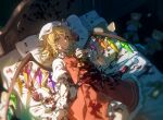  1girl absurdres ascot bed bedroom blonde_hair blood blood_on_clothes blood_on_face blood_stain broken_glass closed_mouth crystal_wings cup drinking_glass feet_out_of_frame flandre_scarlet frilled_skirt frilled_wrist_cuffs frills glass hat hat_ribbon highres indoors long_hair looking_at_viewer lying maisuiren mob_cap multicolored_wings on_back pointy_ears puffy_short_sleeves puffy_sleeves red_eyes red_ribbon red_skirt red_vest ribbon shirt short_sleeves skirt solo spill stuffed_animal stuffed_toy stuffing teddy_bear touhou vest white_hat white_shirt white_wrist_cuffs wine_glass wings wrist_cuffs yellow_ascot 