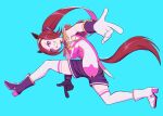  1girl animal_ears asymmetrical_footwear black_gloves boots breasts brown_hair commentary english_commentary epaulettes finger_gun full_body gloves grin high_ponytail highres horse_ears horse_girl horse_tail long_hair looking_at_viewer medium_breasts mismatched_footwear parody pink_eyes pink_shirt ponytail purple_boots purple_shorts sakura_bakushin_o_(umamusume) shirt shorts simple_background sleeveless sleeveless_shirt smile solo sonic_(series) sonic_adventure sonic_adventure_pose swoosh tail thighhighs umamusume white_boots white_thighhighs 