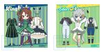  2girls animal_ears arms_behind_back arms_up bare_shoulders black_gloves black_shirt black_shoes black_socks black_thighhighs blue_eyes blue_pants blue_skirt blush brown_hair brown_sandals character_name chibi commentary_request dress flower gloves green_dress green_shorts grey_hair grey_shoes hair_between_eyes hair_flower hair_ornament hand_on_own_hip horse_ears horse_girl horse_tail jacket king_halo_(noble_white_cheer_attire)_(umamusume) king_halo_(umamusume) koruri multiple_girls off-shoulder_dress off_shoulder one_side_up overalls pants red_eyes sandals seiun_sky_(soiree_de_chaton)_(umamusume) seiun_sky_(umamusume) shirt shoes short_sleeves shorts skirt socks striped_clothes striped_dress tail thighhighs umamusume unworn_dress unworn_pants unworn_shoes unworn_socks vertical-striped_clothes vertical-striped_dress watermark white_jacket white_shirt white_shoes yellow_flower 