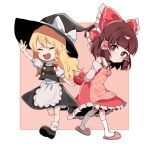  2girls apron arm_up ascot black_eyes black_hat black_shoes black_skirt black_vest blonde_hair blunt_bangs blush bow box braid brown_hair closed_eyes closed_mouth commentary cookie_(touhou) detached_sleeves dress frilled_apron frilled_bow frilled_hair_tubes frills full_body hair_bow hair_tubes hakurei_reimu hat heart-shaped_box highres kirisame_marisa long_hair looking_at_viewer multiple_girls niu_42 open_mouth pink_apron pink_background pink_slippers puffy_short_sleeves puffy_sleeves red_bow red_dress rurima_(cookie) shirt shoes short_sleeves side_braid sidelocks single_braid skirt skirt_set sleeveless sleeveless_dress slippers socks star_(symbol) suzu_(cookie) touhou turtleneck turtleneck_shirt two-tone_background vest waist_apron white_apron white_background white_shirt white_sleeves white_socks witch_hat yellow_ascot 