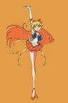  1girl aino_minako arm_up bishoujo_senshi_sailor_moon blonde_hair blue_bow blue_bowtie blue_eyes bow bowtie bright_pupils choker elbow_gloves full_body gloves hair_bow highres long_hair long_legs looking_at_viewer miniskirt open_mouth orange_background orange_shoes orange_skirt outstretched_arm pleated_skirt pochi_(askas_is_god) red_bow sailor_collar sailor_senshi_uniform sailor_shirt sailor_venus shirt shoes simple_background skirt solo very_long_hair white_gloves white_shirt 
