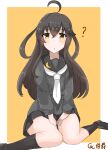  1girl ? absurdres ahoge artist_name black_hair black_sailor_collar black_shirt black_skirt black_socks coic_hakushaku full_body hands_on_own_thighs highres kantai_collection long_hair mikazuki_(kancolle) neckerchief orange_background pleated_skirt sailor_collar shirt skirt socks solo white_neckerchief yellow_eyes 