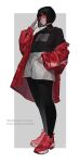  1girl adjusting_eyewear arm_up artist_name black_hair black_pantyhose bob_cut commentary eyewear_strap full_body hand_in_pocket highres jacket kgm long_sleeves looking_at_viewer mole mole_under_mouth off_shoulder original pantyhose puffy_long_sleeves puffy_sleeves red-tinted_eyewear red_jacket red_shoes red_straps round_eyewear scar scar_on_face shirt shoes shorts simple_background smile smug sneakers solo standing tinted_eyewear turtleneck turtleneck_shirt watermark white_background white_shorts 