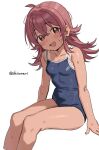  1girl ahoge bare_shoulders blue_one-piece_swimsuit blush breasts collarbone from_side hair_between_eyes idolmaster idolmaster_shiny_colors invisible_chair komiya_kaho long_hair looking_at_viewer one-piece_swimsuit open_mouth red_eyes red_hair school_swimsuit shisoneri simple_background sitting small_breasts smile solo swimsuit tan tanlines twitter_username wet white_background 
