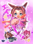  3girls :d :o absurdres afterimage animal_ears bandaid bandaid_on_leg black_gloves black_socks boots brown_eyes brown_hair buruma chibi clenched_hands commentary_request dress fingerless_gloves flower-shaped_pupils forehead gloves green_dress hair_between_eyes haru_urara_(umamusume) highres horse_ears horse_girl horse_tail jacket kawakami_princess_(umamusume) king_halo_(umamusume) kneehighs moko39_takasora multiple_girls off-shoulder_dress off_shoulder one_side_up open_clothes open_jacket pink_dress pink_hair ponytail punching purple_eyes red_boots red_buruma red_gloves shirt shoes smile socks striped_clothes striped_socks symbol-shaped_pupils tail thighhighs thighhighs_under_boots umamusume umapyoi_densetsu v-shaped_eyebrows white_jacket white_shirt white_shoes white_thighhighs 
