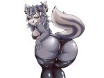  anthro breasts camel_toe canid canine clothing ear_piercing ear_ring female grey_body hi_res holding_butt industrial_piercing legwear licking licking_lips licking_own_lips looking_back mammal mohurin panites piercing self_lick solo thigh_highs tongue tongue_out torn_clothing 