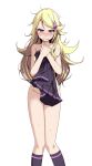  1girl ace_trainer_(pokemon) blonde_hair blush breasts clenched_teeth covering groin hair_ornament highres holding holding_clothes kneehighs long_hair looking_at_viewer medium_breasts nude_cover pokemon pokemon_(game) pokemon_xy purple_eyes purple_legwear sideboob simple_background solo standing sweat tears teeth tsukishiro_saika v-shaped_eyebrows very_long_hair white_background 