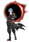  1boy bare_shoulders black_coat black_pants black_shirt black_shoes blue_eyes blue_hair closers coat from_behind full_body grin highres looking_at_viewer looking_back male_focus nata_(closers) off_shoulder official_art pants shirt shoes short_hair simple_background sleeveless sleeveless_shirt smile solo standing white_background 