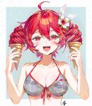  1girl absurdres ahoge alternate_costume alternate_hairstyle ani_019 armpit_crease bare_shoulders bikini blush border breasts bubble collarbone flower food green_background grey_bikini hair_between_eyes hair_flower hair_ornament hair_ribbon hands_up highres holding holding_food holding_ice_cream holding_ice_cream_cone ice_cream ice_cream_cone kasane_teto kasane_teto_(sv) medium_breasts musical_staff musical_staff_print red_eyes red_hair ribbon solo striped_bikini striped_clothes swimsuit synthesizer_v teeth upper_body utau white_border white_flower white_ribbon 