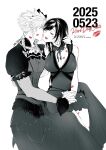  1boy 1girl absurdres bare_shoulders black_hair blush braid breasts cleavage closed_eyes cloud_strife cloud_strife_(blue_dress) commentary corset couple crescent crescent_earrings crescent_moon crossdressing crossdressing_(mtf) dated dress earrings feet_out_of_frame final_fantasy final_fantasy_vii final_fantasy_vii_remake fishnet_sleeves fishnets hand_in_another&#039;s_hair hand_on_another&#039;s_neck highres holding_hands interlocked_fingers jewelry kirinomon kiss kiss_day kissing_cheek large_breasts lipstick_mark lipstick_mark_on_arm lipstick_mark_on_breast lipstick_mark_on_face lipstick_mark_on_leg lipstick_mark_on_neck lipstick_mark_on_shoulder long_dress long_hair low_twin_braids moon neck_ribbon official_alternate_costume puffy_short_sleeves puffy_sleeves red_lips ribbon short_dress short_sleeves signature simple_background sitting sitting_on_lap sitting_on_person sleeveless sleeveless_dress spiked_hair spot_color swept_bangs symbol-only_commentary tifa_lockhart tifa_lockhart_(refined_dress) twin_braids white_background 