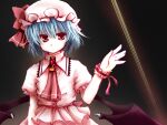  1girl 2000s_(style) ascot black_wings blue_hair bow closed_mouth commentary_request demon_wings expressionless frilled_shirt_collar frills grey_background hand_up hat hat_bow looking_at_viewer low_wings mei_(artist) mob_cap pink_ascot pink_hat pink_shirt red_bow red_brooch red_eyes remilia_scarlet shirt short_hair solo touhou upper_body wings wrist_cuffs 