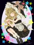  1girl apron black_boots black_skirt black_vest blonde_hair boots bow braid closed_eyes fetal_position hat hat_bow highres kirisame_marisa knees lace_socks lips long_hair mini-hakkero multicolored_stars natsuakari pink_bow puffy_short_sleeves puffy_sleeves red_bow red_ribbon ribbon shoelaces short_sleeves side_braid six_pointed_star skirt solo star_(symbol) touhou vest waist_apron witch_hat yin_yang 