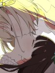  2girls blonde_hair bob_cut bridal_veil brown_hair closed_eyes commentary_request couple eyelashes highres inoue_takina kiss light_blush long_hair lycoris_recoil multiple_girls nishikigi_chisato profile satoimomosuki short_hair simple_background upside-down_kiss veil white_background yuri 
