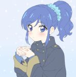  1girl aikatsu! aikatsu!_(series) blue_background blue_eyes blue_hair blue_jacket blue_scrunchie blush buttons double-breasted eyebrows_visible_through_hair fingernails hair_ornament hair_scrunchie hands_clasped highres interlocked_fingers jacket kiriya_aoi long_hair looking_at_viewer nail_polish own_hands_together pink_nails scrunchie side_ponytail sidelocks simple_background sketch starlight_academy_uniform trg-_(sain) upper_body winter_uniform 