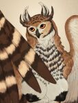  absurd_res anthro areola avian beak big_areola big_breasts bird black_nipples breasts brown_body brown_feathers bust_portrait feathered_wings feathers female female_anthro front_view glistening glistening_eyes hi_res huge_filesize mouth_closed nipples orange_eyes owl portrait scarlanya simple_background solo white_body white_feathers wings 