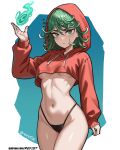  1girl bikini black_bikini breasts cropped_hoodie curly_hair green_eyes green_hair hand_up highres hood hood_up hoodie looking_at_viewer navel one-punch_man orange_hoodie redjet solo swimsuit tatsumaki underboob 