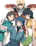  2boys 2girls black_hair blonde_hair blue_hair blue_jumpsuit brown_hair dress emma_sheen fa_yuiry gloves green_dress gundam haro jumpsuit kamille_bidan kasumi_(skchkko) multiple_boys multiple_girls quattro_bajeena red_gloves red_jumpsuit selfie short_dress sunglasses taking_picure white_gloves yellow_dress zeta_gundam 