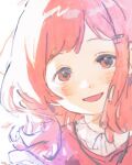  1girl blush hair_ornament highres idolmaster idolmaster_shiny_colors jewelry necklace open_mouth orniflop sakuragi_mano shirt short_hair smile solo white_background white_shirt 
