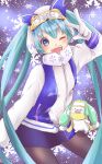  1girl 1other aqua_eyes aqua_hair blue_skirt button_eyes coat commentary contrapposto cowboy_shot gloves hand_up hatsune_miku highres izumi_(izu345) long_hair looking_at_viewer miniskirt open_mouth owl_ears pantyhose rabbit_yukine ski_gear ski_goggles skirt smile snowflake_print snowflakes snowing twintails very_long_hair vocaloid w white_coat white_gloves yuki_miku yuki_miku_(2016) 