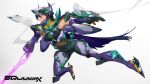  1girl absurdres armor athungkaew breasts commentary copyright_name cosplay energy_sword energy_weapon flying funnels_(gundam) gfred gfred_(cosplay) green_eyes gundam gundam_gquuuuuux hair_between_eyes helmet highres holding holding_sword holding_weapon long_hair looking_ahead mecha_musume medium_breasts nyaan_(gundam_gquuuuuux) parted_lips purple_hair science_fiction simple_background solo sword symbol-only_commentary very_long_hair weapon white_background 