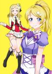  2girls ayase_eli boots bow bowtie braid cosplay costume costume_switch crown_braid dress greetload hair_rings highres idol_clothes in-franchise_crossover kimi_no_kokoro_wa_kagayaiteru_kai? love_live! love_live!_school_idol_project love_live!_sunshine!! multiple_girls necktie ohara_mari ponytail purple_bow purple_bowtie purple_dress simple_background single_hair_ring sore_wa_bokutachi_no_kiseki trait_connection yellow_background 