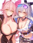  0nineo9 2girls absurdres animal_ear_fluff animal_ears arm_under_breasts black_bodysuit black_bow black_choker black_gloves black_jacket black_shorts blush bodysuit bow breasts brown_eyes choker cleavage crop_top cropped_jacket crossed_bangs dot_nose extra_ears eyewear_on_head fate/grand_order fate_(series) fingerless_gloves fox_ears fox_girl fur-trimmed_jacket fur_trim glasses gloves grabbing_own_breast grey_hair grin hair_between_eyes hair_bow heterochromatic_eyewear highres honkai:_star_rail honkai_(series) huge_breasts jacket koyanskaya_(assassin)_(first_ascension)_(fate) koyanskaya_(fate) long_hair looking_at_viewer medium_breasts midriff multiple_girls navel pink_bow pink_hair ponytail short_shorts shorts side_ponytail sidelocks silver_wolf_(honkai:_star_rail) simple_background smile tamamo_(fate) tinted_eyewear white_background yellow_eyes 