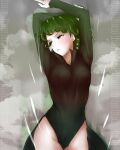  1girl arms_up artist_name breasts commentary green_eyes green_hair groin liemcee long_sleeves looking_to_the_side one-punch_man side_slit small_breasts solo tatsumaki watermark 