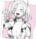  1girl bandaged_neck bandages blood blood_on_clothes blood_on_face body_freckles breasts collarbone collared_shirt commentary_request fake_blood fangs freckles futsuu_no_keion-bu greyscale_with_colored_background hair_ornament halloween_costume hand_up hat highres looking_up medium_breasts no_bra nurse nurse_cap open_clothes open_mouth open_shirt outside_border partially_colored pink_background shirt short_sleeves sketch skull_hair_ornament solo torn_clothes tsuru_asaka twintails twitter_username wahaha_(somenon_r) watermark 